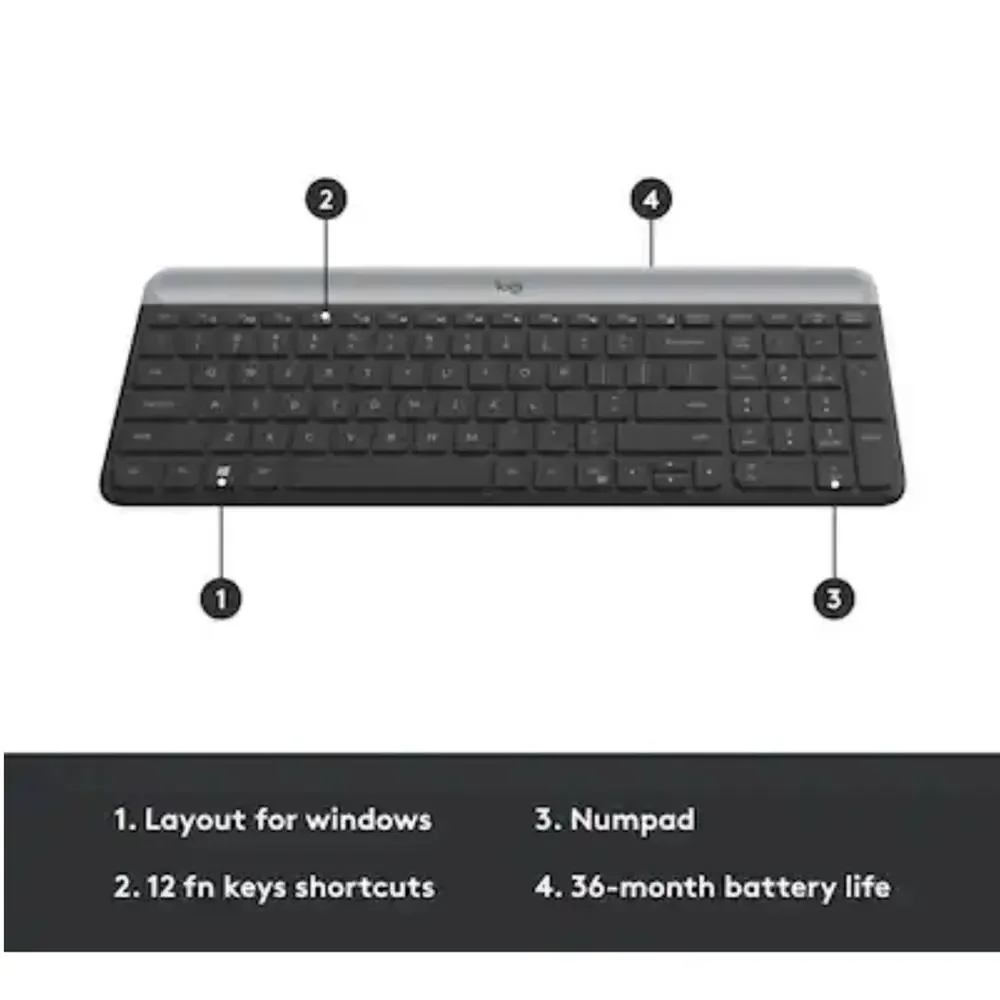 LOGITECH Black Grey MK470 Compact Slim Full-size Wireless Scissor Keyboard
